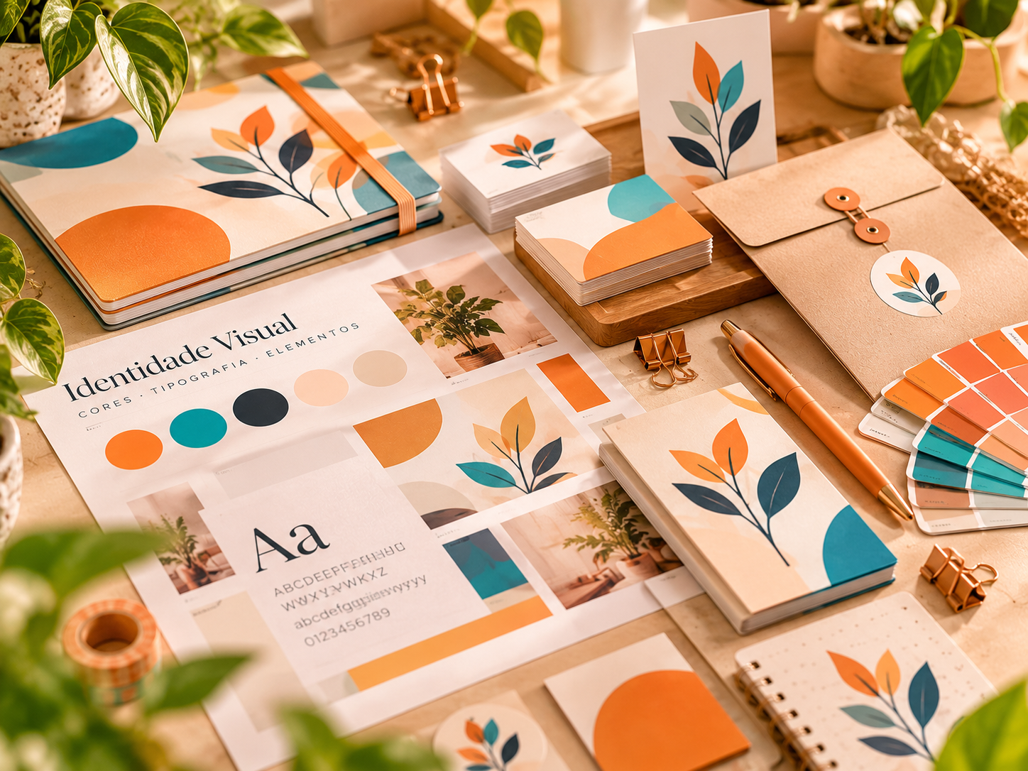 Composição de identidade visual com paleta de cores, tipografia e aplicações gráficas