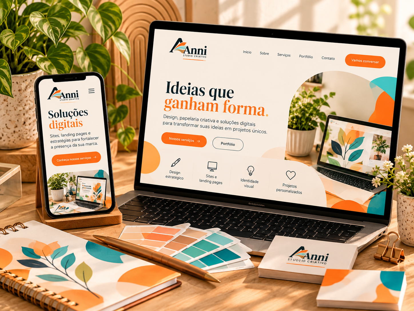 Composição visual de soluções digitais e páginas apresentadas em diferentes dispositivos