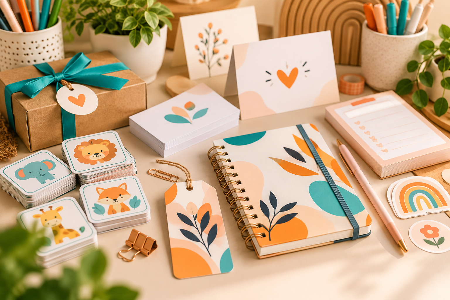 Composição de papelaria criativa com bloquinhos, cartões, tags e jogos personalizados em tons de laranja, turquesa e off-white.