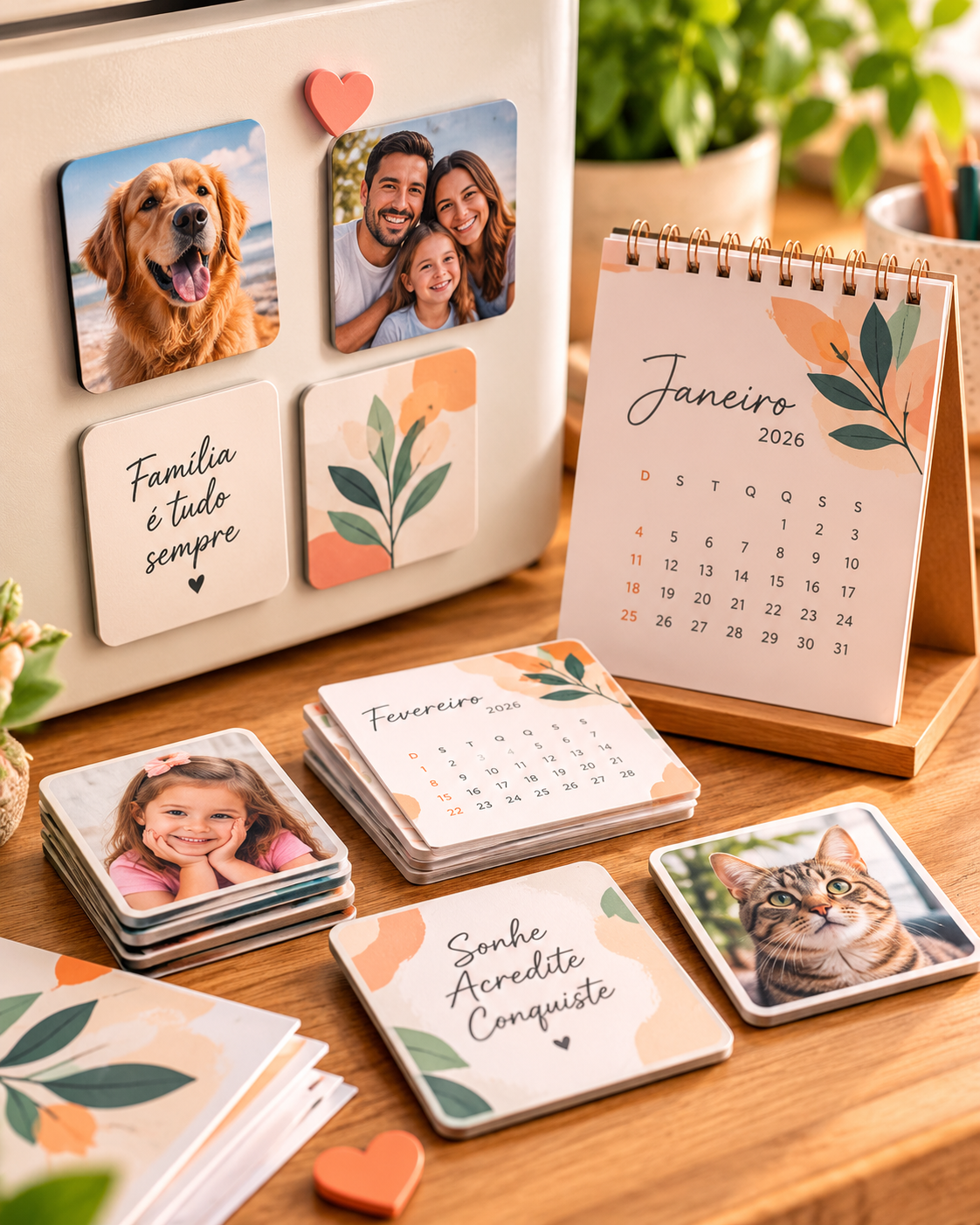 Ímãs personalizados com fotos e calendário de geladeira