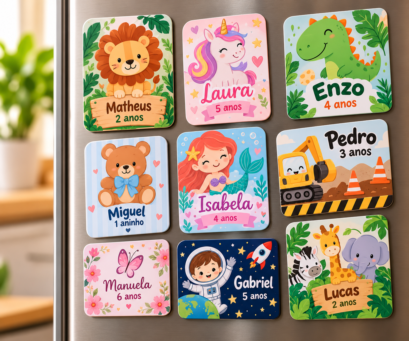 Ímãs personalizados com temas infantis para lembrancinhas de aniversário
