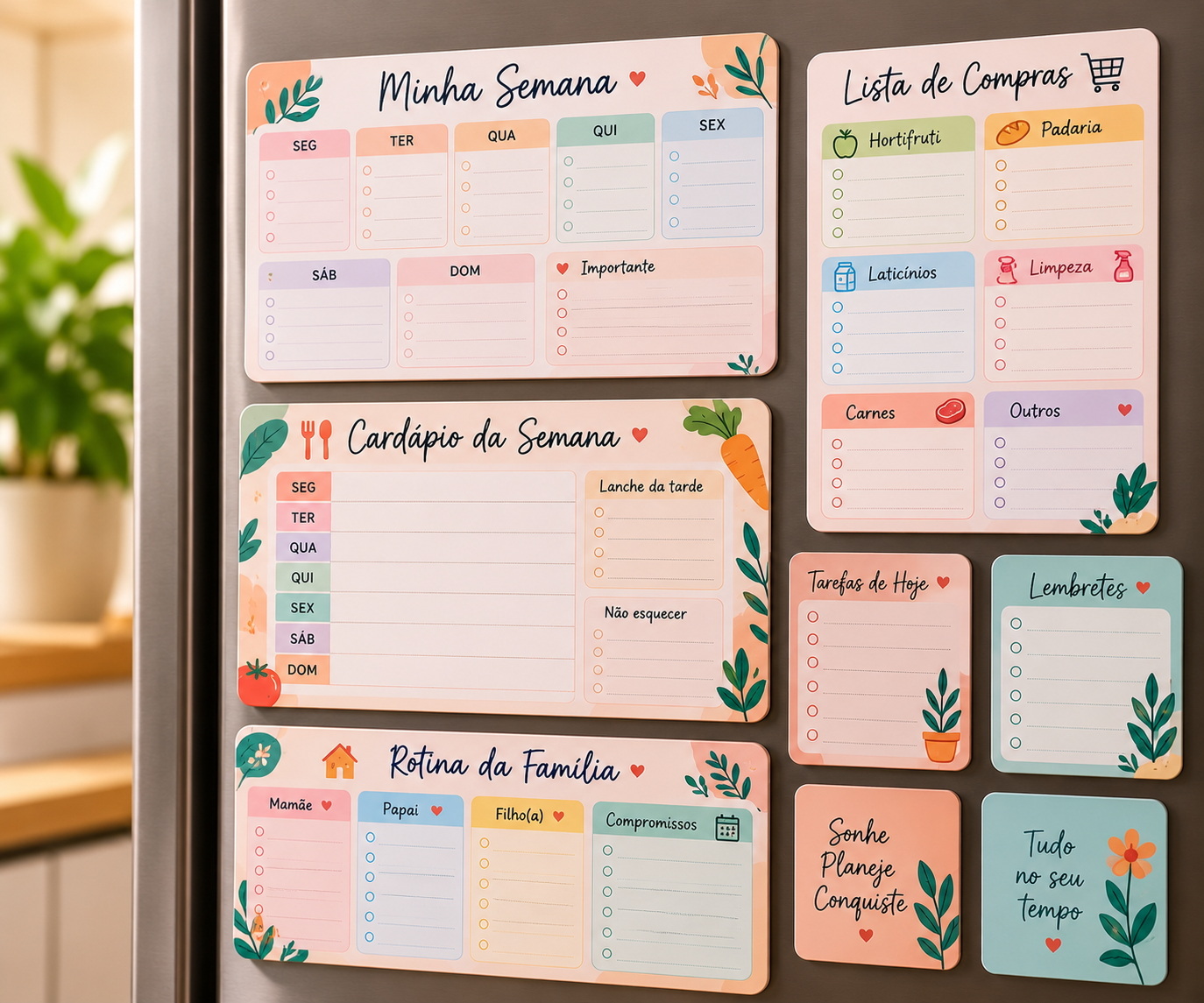 Exemplos de planners para organizar tarefas, cardápios e listas na geladeira