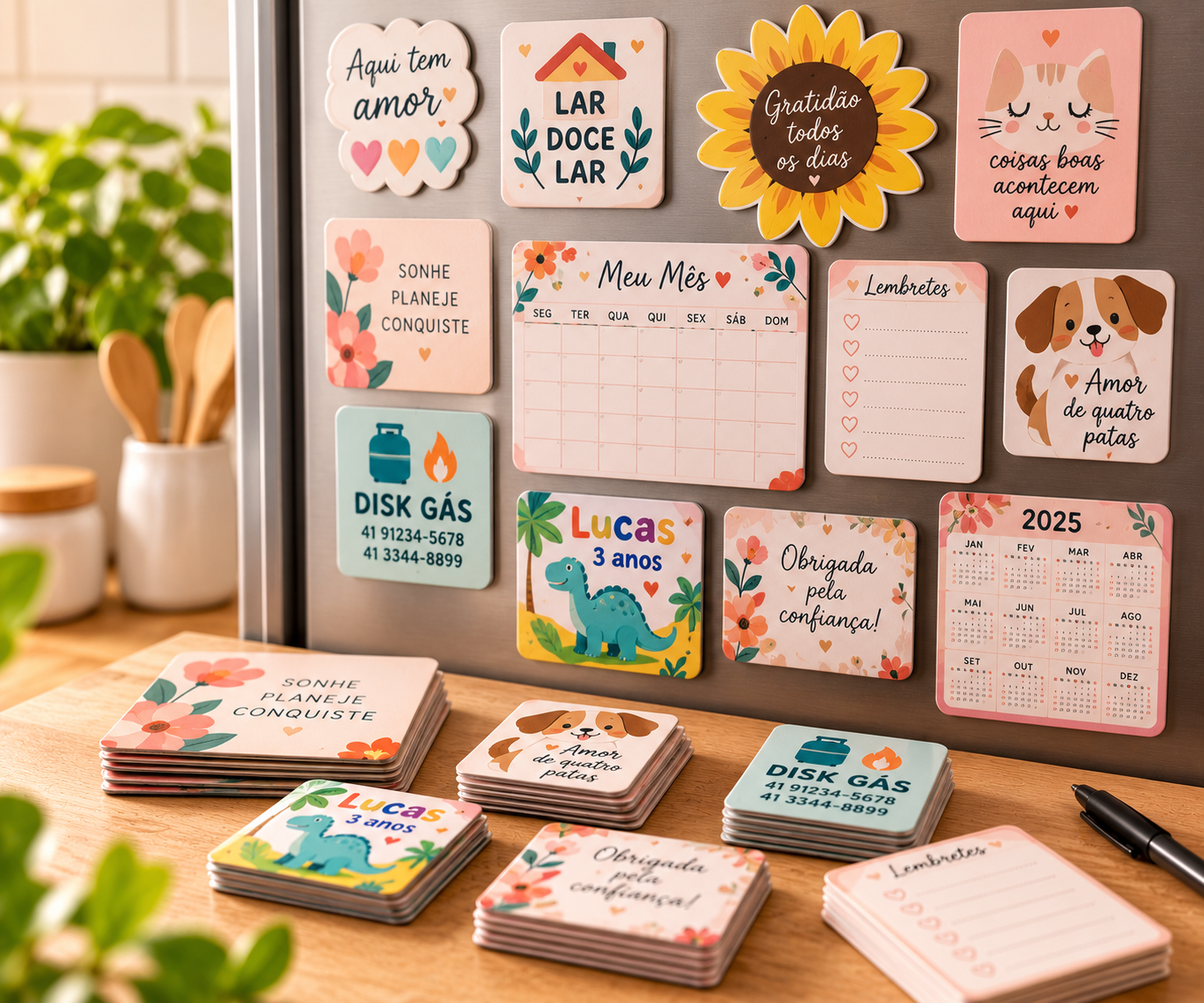Exemplos ilustrativos de ímãs de geladeira, calendários imantados, planners e lembrancinhas personalizadas