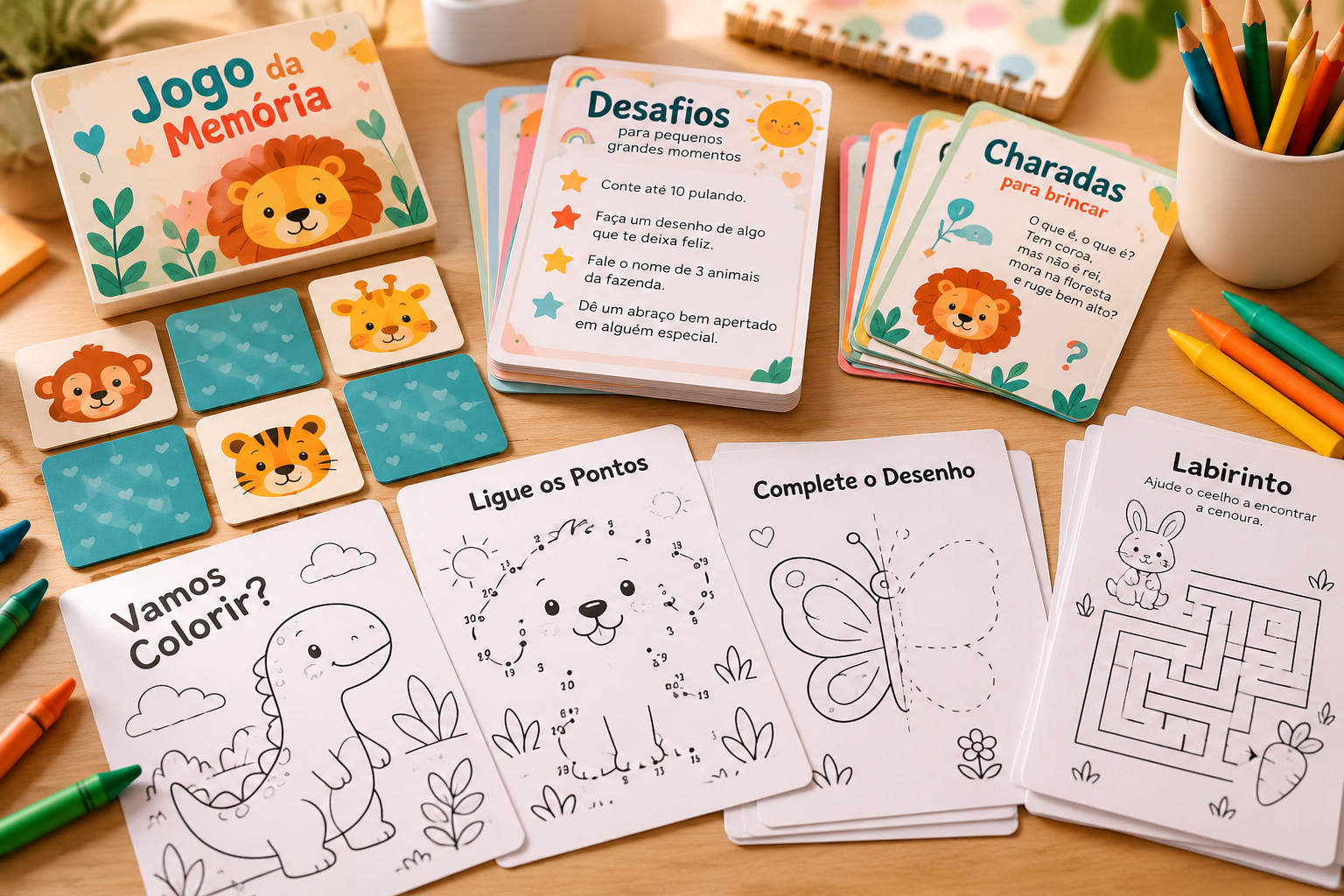 Composição ilustrativa de jogos da memória, cartões de desafios, desenhos para colorir e passatempos infantis impressos