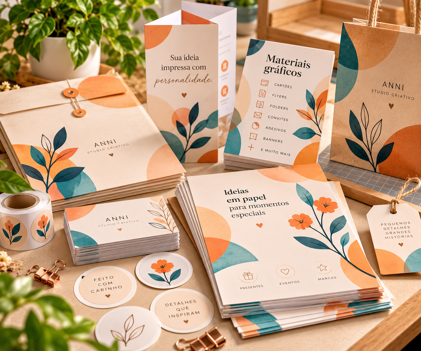 Composição ilustrativa de materiais gráficos impressos, incluindo cartões, folders, adesivos e embalagens